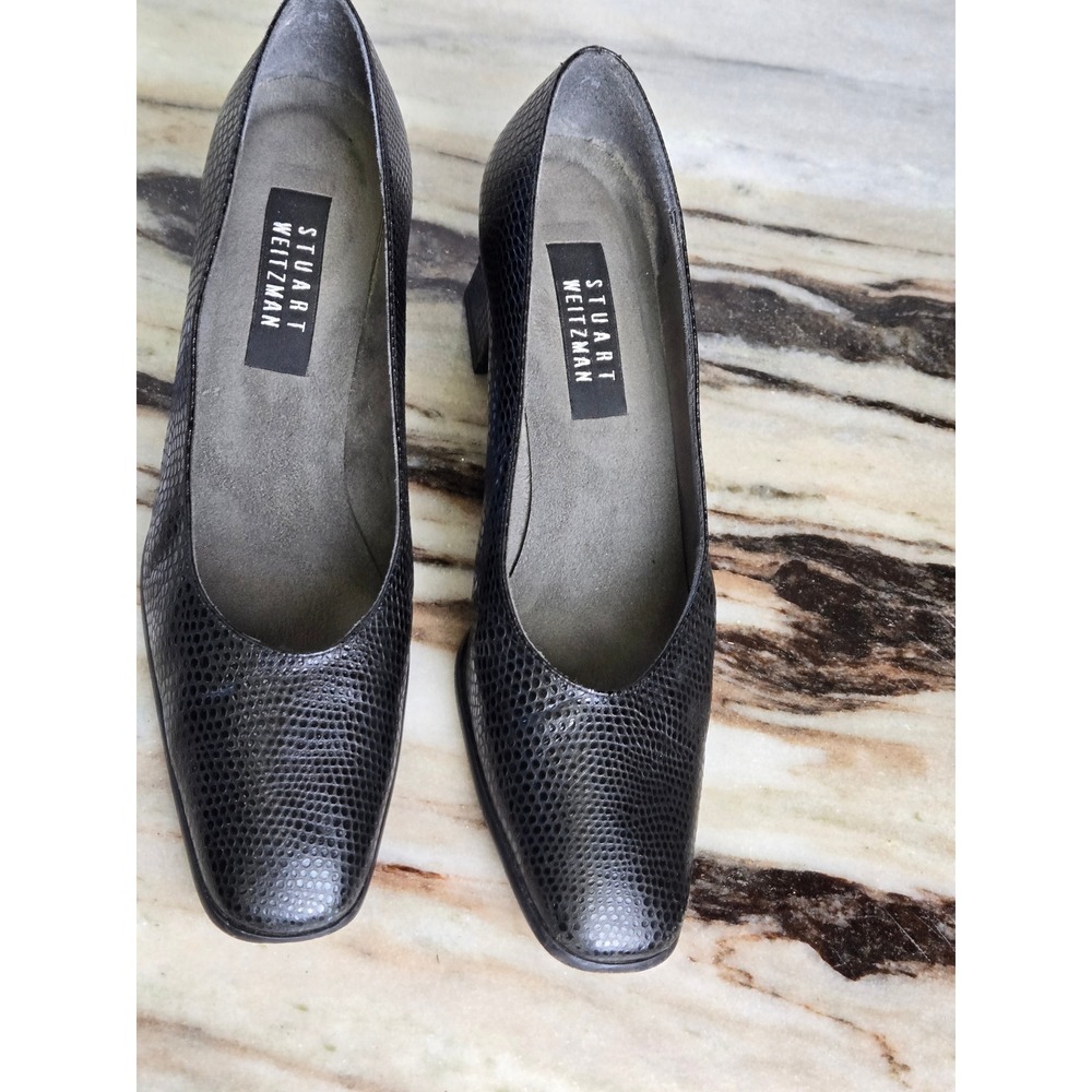 Stuart Weitzman Black Lizard Embossed Square Toe Block Heel Pumps Mens Size 7M - Picture 3 of 12